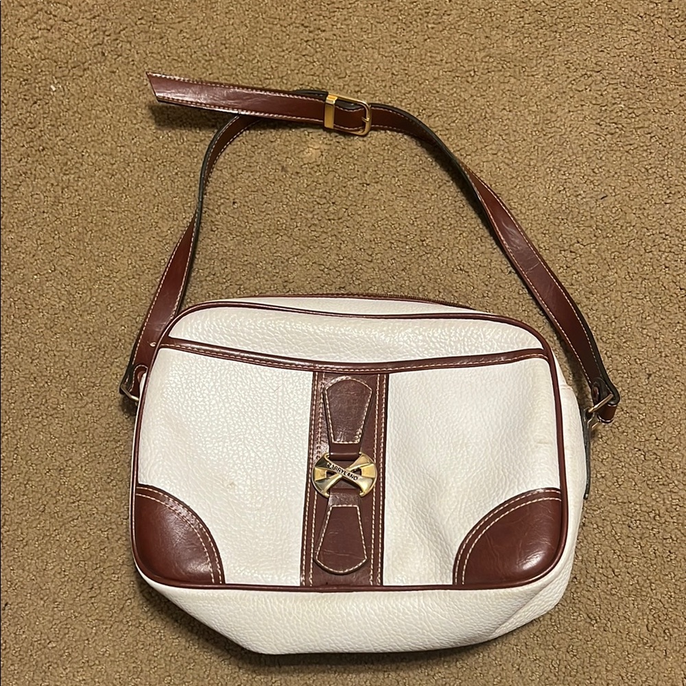 Vintage White and Brown Crossbody Bag with Leather Accents